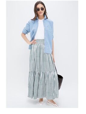 Tuckernuck Emerson Fry Green Stripe Tiered Maxi Skirt (Moss color)